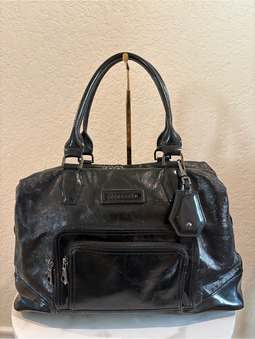 Longchamp Black Patent Leather Satchel Tote Bag